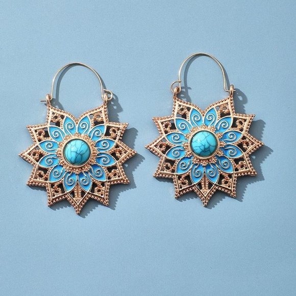 Silver Retro Sunflower Turquoise Dangle Earrings - Picture 2 of 8